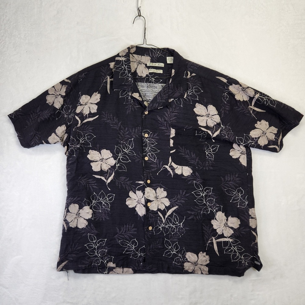 Batik Bay Mens XXL Short Sleeve 100% Silk Floral Hawaiian Camp Shirt Navy Blue